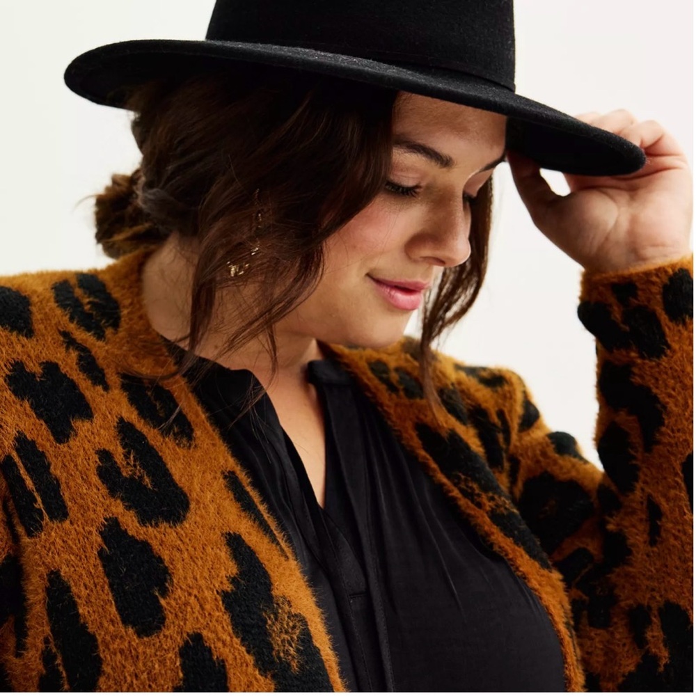 Nine West Leopard Print Eyelash Knit Cardigan Duster Brown Black Plus 1X - Picture 3 of 8